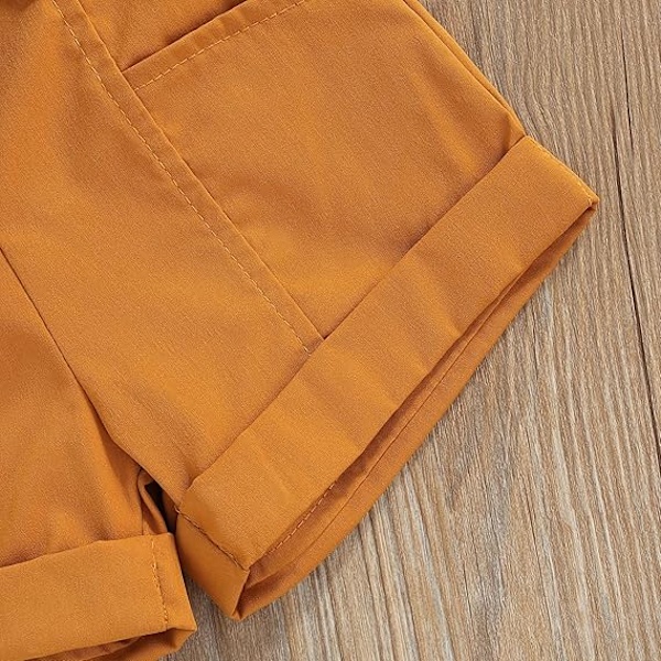 Moteriktig sommerantrekk for små jenter, ermeløs halterneck ribbestrikket tanktopp og shorts med belte, 2-delt klessett yellow 80cm