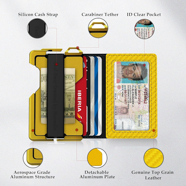 Taktisk minimalistisk plånbok för män, smal RFID-blockerande metallkortfodral, främre ficka Menu2019s läder Dapper Bifold-plånbok med pennsklämma Carbon Fiber Yellow