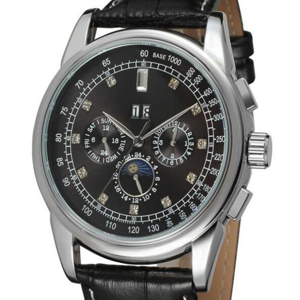 FORSINING Auto Mechanical Watch Armband av äkta läder 24-timmars watch - Black Face Silver Edge