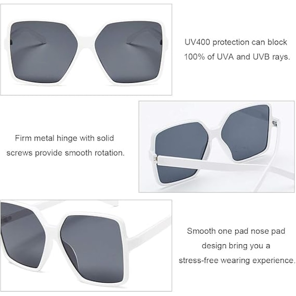 Ylisuuret neliönmuotoiset aurinkolasit naisille, suuret ja leveät muotilasit miehille, UV-suojaus, unisex White Frame Smoke Lens
