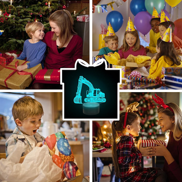 Grävmaskin 3D-lampa för barn, LED optisk illusion nattlampa med fjärrkontroll och timerfunktion som julklapp eller födelsedagspresent
