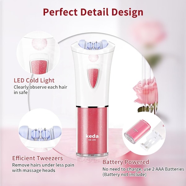 Epilator til hårfjerning til kvinder - bærbar epilator - Glamorous Skin Epilator til ansigt - Elektrisk Smooth Glide Epilator med LED-koldt lys