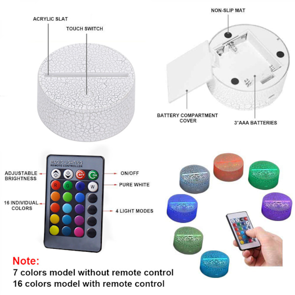 Qinwei spelkaraktär 3D Illusion Lamp 16 färger LED nattlampa med touch  fjärrkontroll för barn  sovrumsdekoration -- Stil 2（Svart säte）