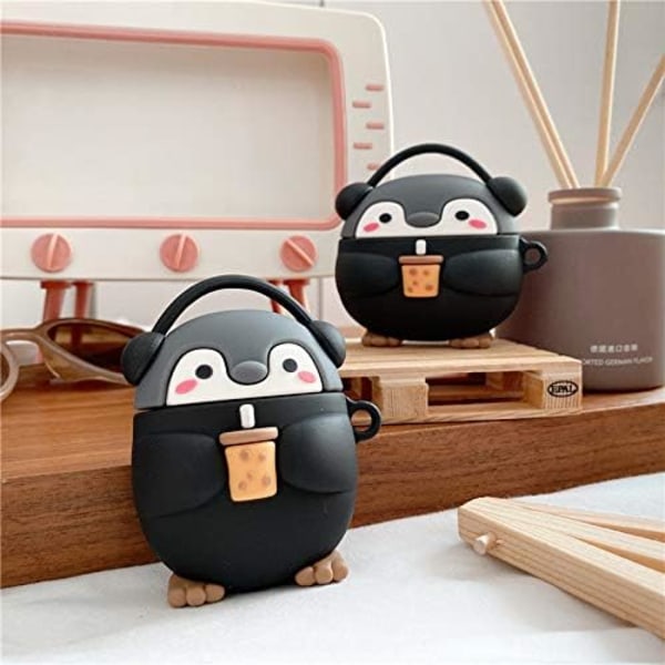 Hörlursfodral Kompatibelt med AirPods 1/2, Supersöt Stående Hörlurs Pingvin Bebis med Mjölkte i Handen Fodral, Stilrent Kawaii Mjukt black