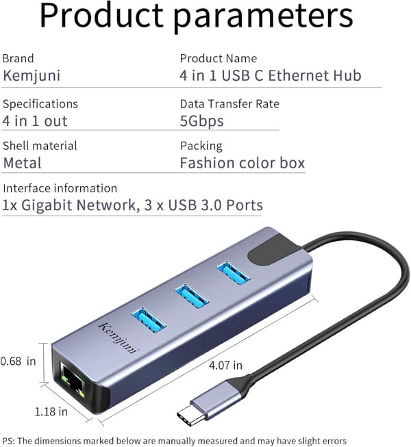 USB C til Ethernet-adapter 4-i-1 aluminium USB C til Ethernet-adapter med 3 USB 3.0-porte til MacBook Pro 2019/2018/2017, Chromebook, Linux