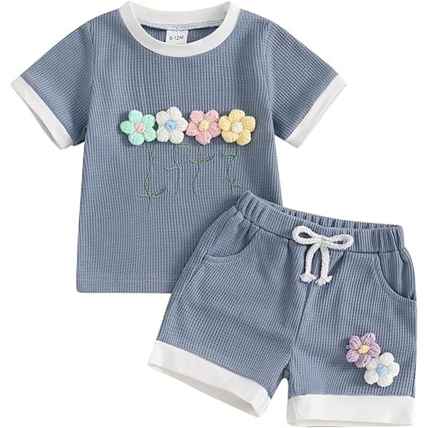 Sommarkläder för små flickor, våfflad topp med 3D-blommor, kortärmad, shorts med resår i midjan, söta babykläder blue 3-4Y