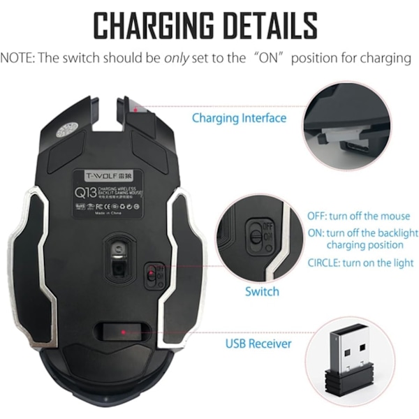 Opladelig Trådløs Bluetooth Gaming Mus med 7-Farvet Regnbue RGB Åndedrætsbelysning og Justerbar DPI - Ergonomisk Greb, Lydløs Klik