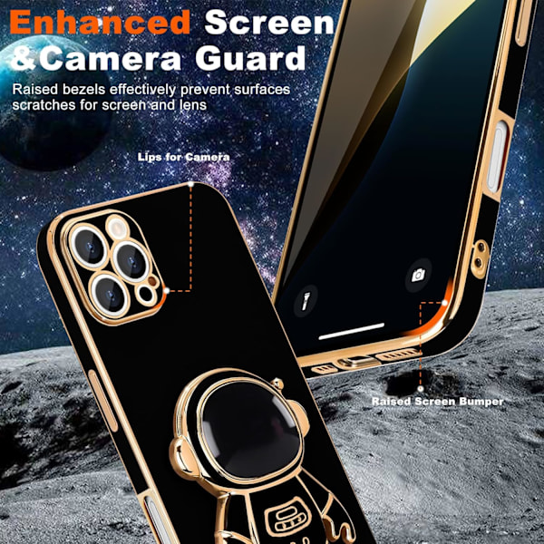 iPhone 16 Pro -kotelo, Söpö 3D Astronauti Jalusta [2 Näytönsuojaa] [Kameran Suojaus] Tukijalka Iskunkestävä Bling Silikoni So black