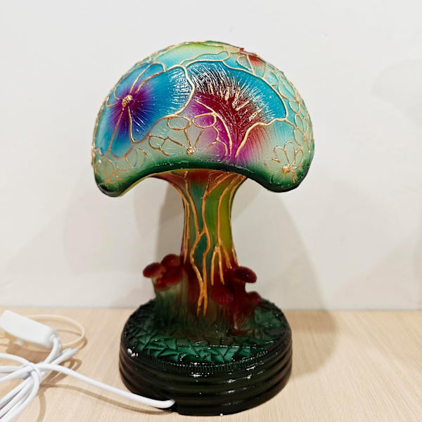 Malet svampebordlampe, 7,9 tommer ny Tiffany-glas plante natlampe, boheme harpiks svampe dekorative sengelampe (M)