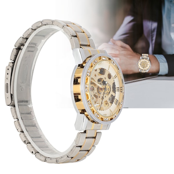 Mode vattentät män rund urtavla ihålig automatisk armbandsur Mekanisk watch(vit yta guld)