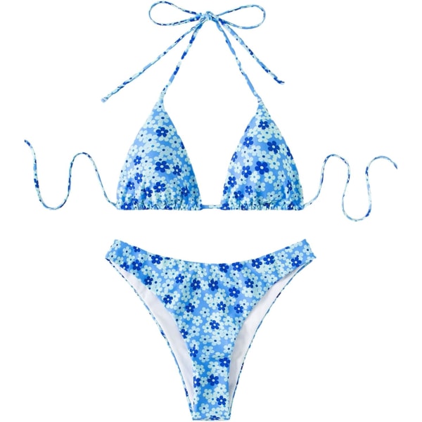 WJSM Kvinners Halterneck Tie Side Triangle Bikini Set Høy Cut 2 Delers Bikini Badedrakt Blue Floral L