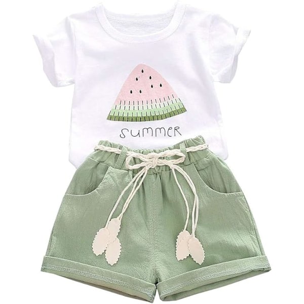 Baby Småbarn Jenter Klær Vannmelon T-skjorte Topper Lin Shorts Antrekk Søte Sommer Shorts Sett green 90cm