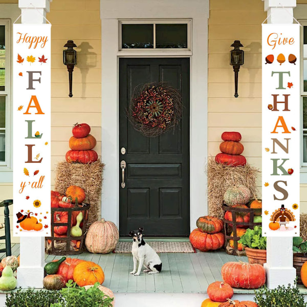 Efterårsdekoration | Efterårsdekorationer til hjemmet | Happy Fall Y'all & Give Thanks Porch Banners til efterårs høstdekorationer | Thanksgiving dekorationer til Ho