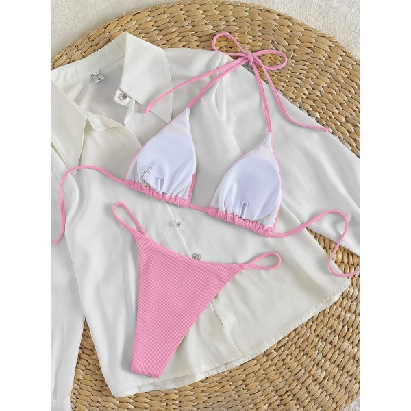 WJSM Dame Halterneck Binde Side Trekant Bikini Sæt Høj Skæring 2 Del Bikini Badetøj Pink Color M