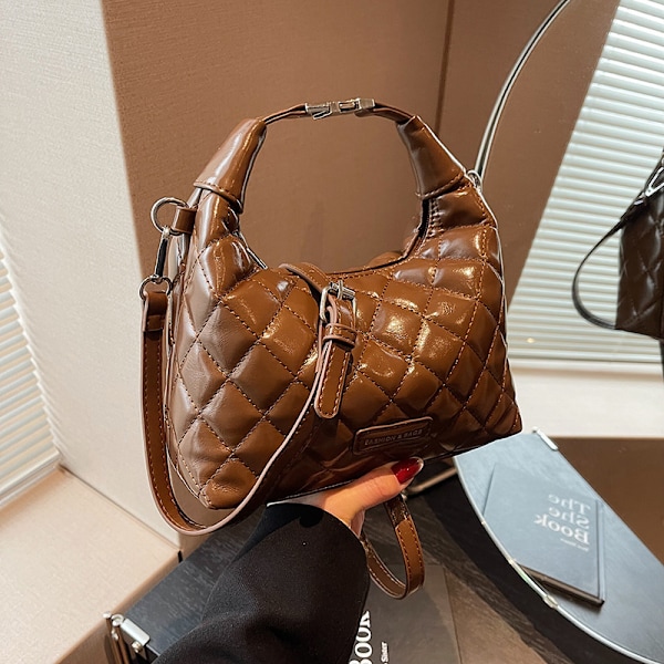 Pendlerhåndveske broderi diamantgitter enkel skulder crossbody veske tekstur stor kapasitet veske dame