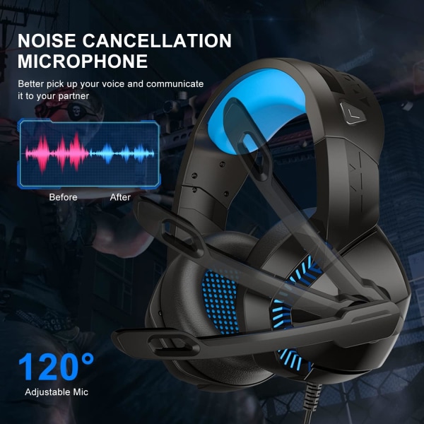 PS4 Gaming Headset med 7.1 Surround Sound, Xbox One Headset med Støydempende Mikrofon og LED-lys, Over Ear Hodetelefoner, Kompatibel med Nintendo Swi Black Blue