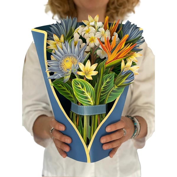 Nyklippta papper pop-up-kort, tropisk blomning, 12 tums naturliga blomsterbukett 3D popup-hälsningskort med anteckningskort och kuvert