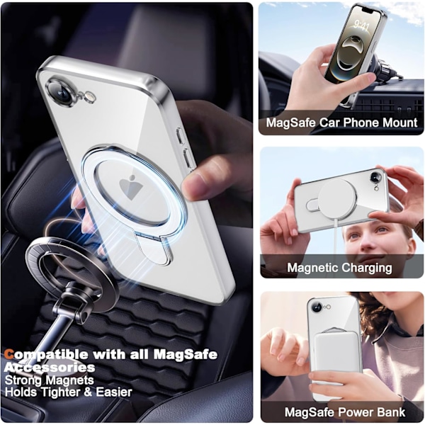 Kompatibel med iPhone 16e Deksel med Magnetisk Ringstativ [Kompatibel med Mag-Safe] [Full Kamerabeskyttelse] Belagt Klar Telefon Silver
