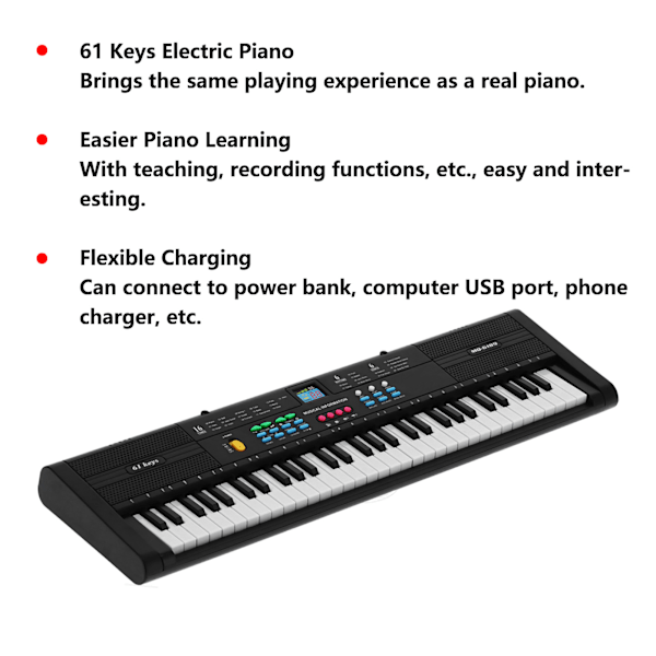 Keyboard Piano Instrument 61 Taster Elektrisk Multifunksjonell med USB-kabel Mikrofon MQ6189