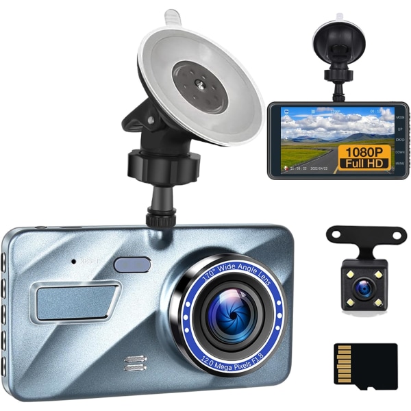 4\" Dash Cam til bil for og bag med 32G TF-kort, 1080P FHD DVR-bilkamerasystem med Super Night Vision, G-sensor, WDR, parkeringsmonitor, loop-optagelse Black