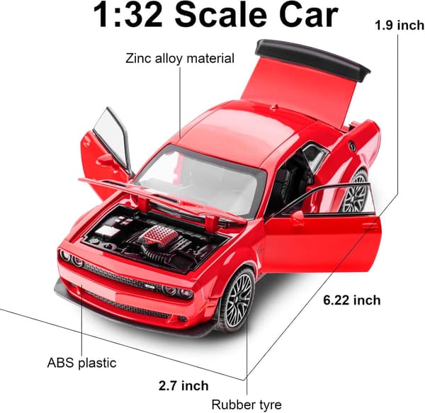 Legetøjsmodelbil til børn 1:32 skala Dodge Challenger Die cast Metel Legetøjsbiler til Pull Back Modelbil Hellcat med lyd og lys Hellcat Bil Legetøj