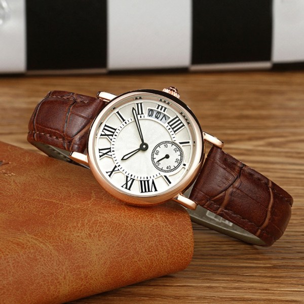 Sanda Lady Analog Rund Kvarts Läderrem Datum Klocka Klassisk Armbandsur (Brown Strap)