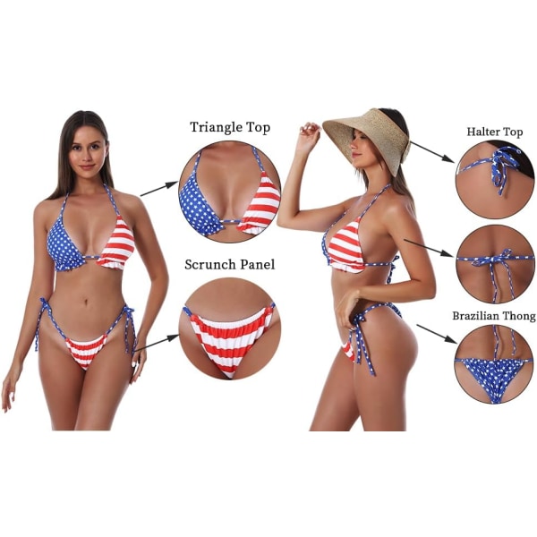 Bikini-badedraktsett for kvinner, badedrakt med trekant, knytebånd og truse American Flag M