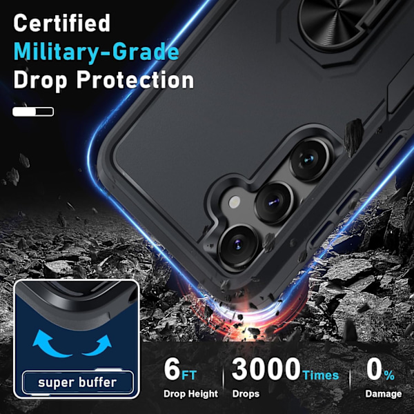 Samsung GaIaxy S24+plus Cover med Skærmbeskytter Hærdet Glas, Kraftig Stødsikker Fuld Krops Telefon Cover Indbygget Metal Ring Ho Black Matte