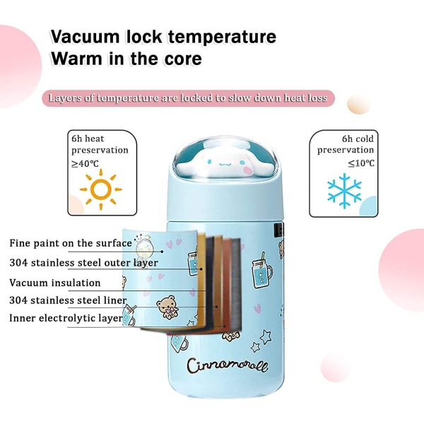 JUSTUP Søt Termoskopp i Rustfritt Stål Vakuumisolerte Flaske for Varme eller Kalde Drikker Bedårende Reisekrus Tumbler Cup（Blå,280ML）