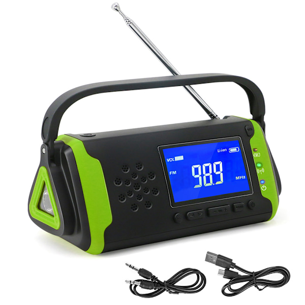 MD‑097 Solardriven handvev FM väderradio utomhus nödladdare med ficklampa grönJP  version