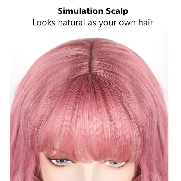 Vaaleanpunainen peruukki naisille, pastelliväreillä aaltoileva peruukki otsatukalla, aaltoileva kihara peruukki synteettinen lyhyt olkapituinen peruukki, lämmönkestävä kuitu cosplay-peruukki