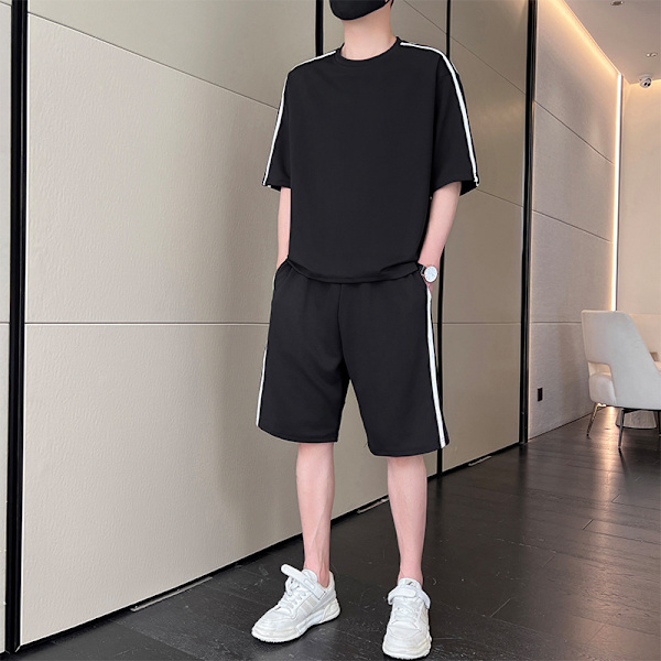 Høj kvalitet afslappet jakkesæt til mænd sommer enkel high-end kortærmet shorts moderigtig matchende T-shirt sportstøj Black 3XL