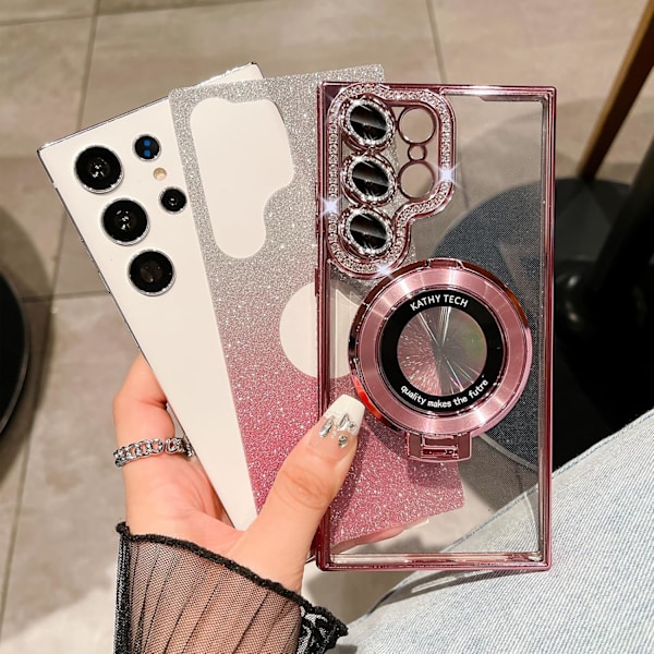 Samsung Galaxy S25 Ultra Magnetiskt Ställ Glitter Skal, [Kompatibelt med Magsafe] Sött Blinkande Diamant Strass med Came Silver