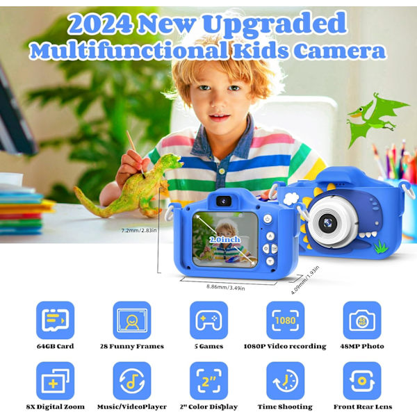 Lasten kamera, kamera lapsille 64 Gt:n kortilla, 48 MP, 1080P HD, lasten kamera taaperoille tytöille pojille lapsille Blue