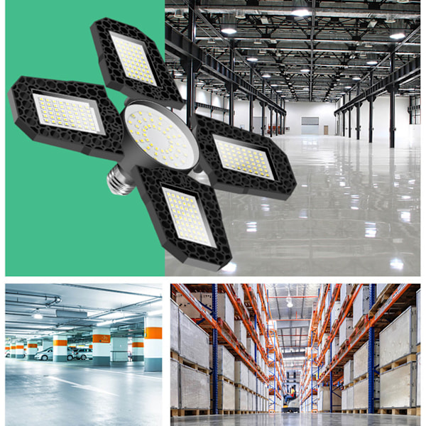 LED-garagelampor, vikbara, 4 blad, 100 W, hög ljusstyrka, energibesparande E27-taklampa för garageverkstad 85-265 V