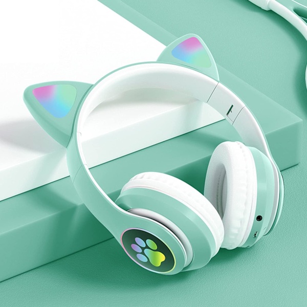 Bluetooth-hörlurar för barn, söta öron kattöron LED-ljus upp fällbara hörlurar stereo över örat med mikrofon/TF-kort trådlösa hörlurar för iPho Green