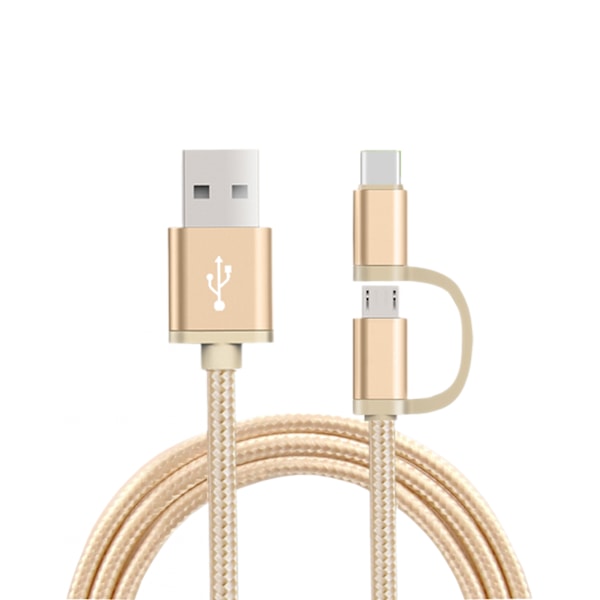 2 i 1 USB C-kabel 0,8 fot,  flätad Micro USB + USB C till USB A snabbladdningskabel för Android-enheter och Type-C-enheter