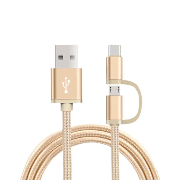 2 i 1 USB C-kabel 0,8 fot, flettet Micro USB + USB C til USB A hurtigladekabel for Android-enheter og Type-C-enheter