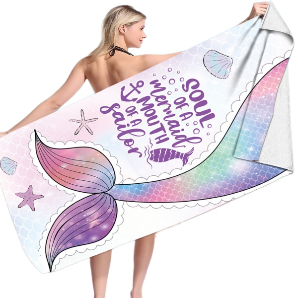 Mermaid strandhåndkle - 28" x 59" Mermaid Tail Polyester campinghåndklær for barn Hurtigtørkende ultraabsorberende supermykt strandteppe