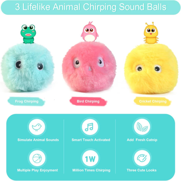 Upgraded Fluffy Plush Cat Toys for Indoor Cats, 3 Pack Adorable Lifelike Animal Chirping Sound Balls, Interactive Catnip Ball Toys for Cat Exercise