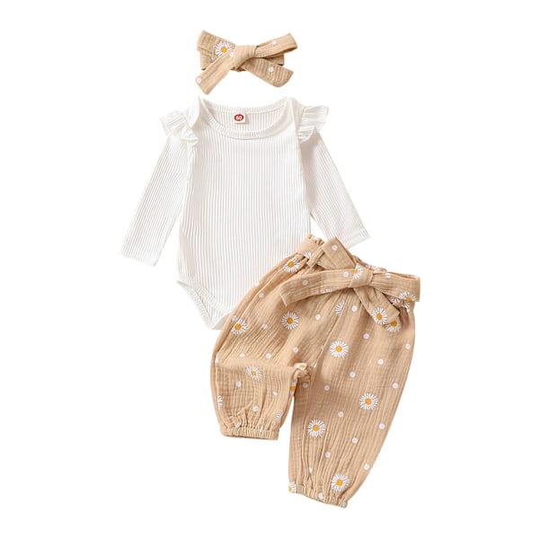 Nyfødt Spædbarn Pige Tøj Ribstrikket Romper Tusindfryd Print Bukser Hårbånd Baby Tøj til Piger cream-coloured 60CM