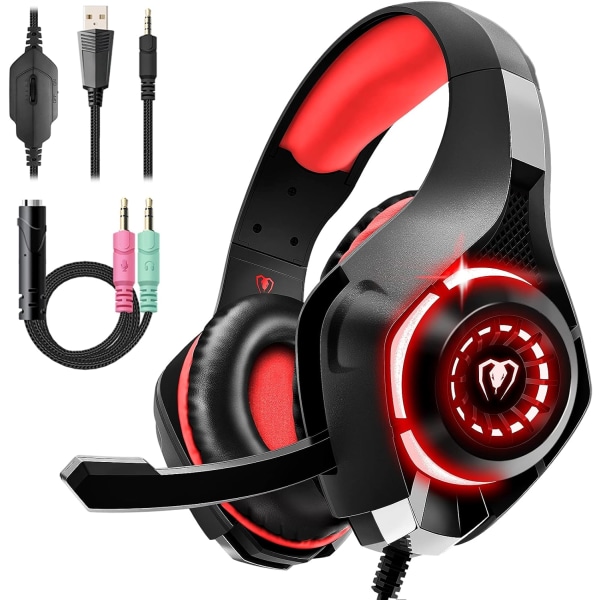 Gaming-headset til PS4 PS5 Xbox One Switch-pc med støjreducerende mikrofon, dyb bas stereolyd (sort rød)-1 Black Red