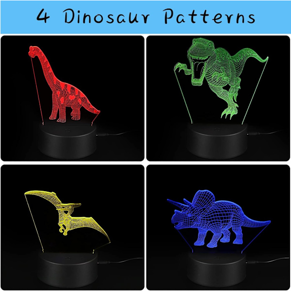 4 Mönster 3D Dinosaurie Nattlampa, 16 Färger Bytbar Dimbar Illusionlampa med Fjärrkontroll och Smart Touch-funktion, Dinosaurie Leksakspresent