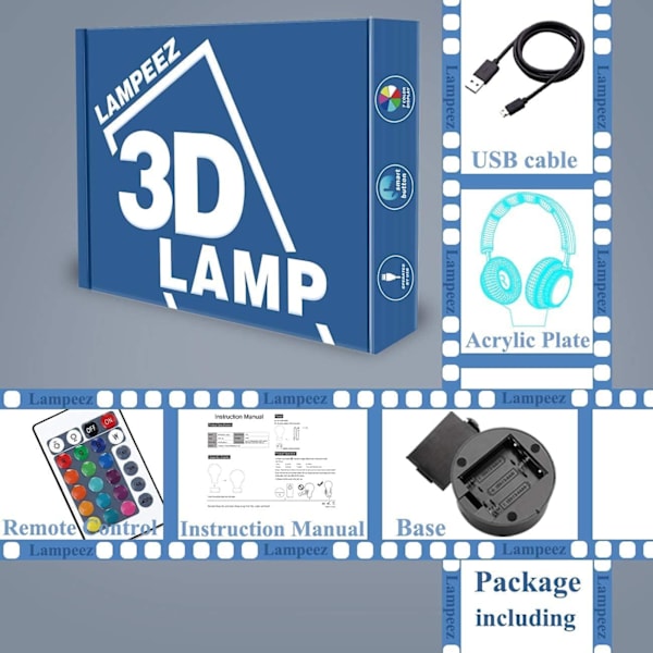 Barn 3D Hörlurar Nattlampa Headset Optisk Illusion Hörlurarlampa Hörlurar med 16 Färger Fjärrkontroll Bytande Födelsedag Jul Alla hjärtans dag