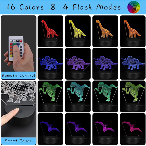 4 Mönster 3D Dinosaurie Nattlampa, 16 Färger Bytbar Dimbar Illusionlampa med Fjärrkontroll och Smart Touch-funktion, Dinosaurie Leksakspresent