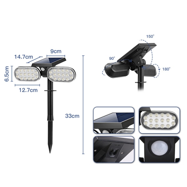 Solcelled dreiehodet utendørs spotlight, IP65 vanntett solcelled dreiehodet utendørs spotlight, 360° justerbar solcelled landskapslys, 3 moduser utendørs