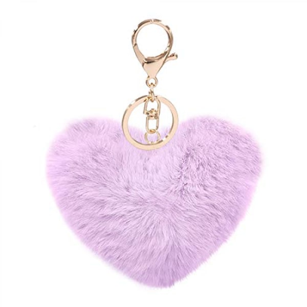 Kvinnors hjärta Puffball Nyckelring Fuskpäls Pom Pom Nyckelhållare Väska Tillbehör Nyckelring Ryggsäck Berlocker för flickor--lila