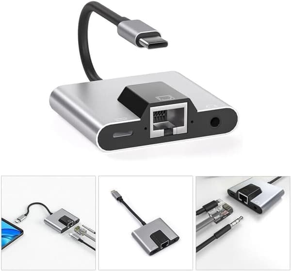 USB til Ethernet-adapter, Type-C til Ethernet USB C til 3,5 mm lyd PD hurtigopladning LAN-netværksadapter kompatibel med bærbar computer tablet-telefon