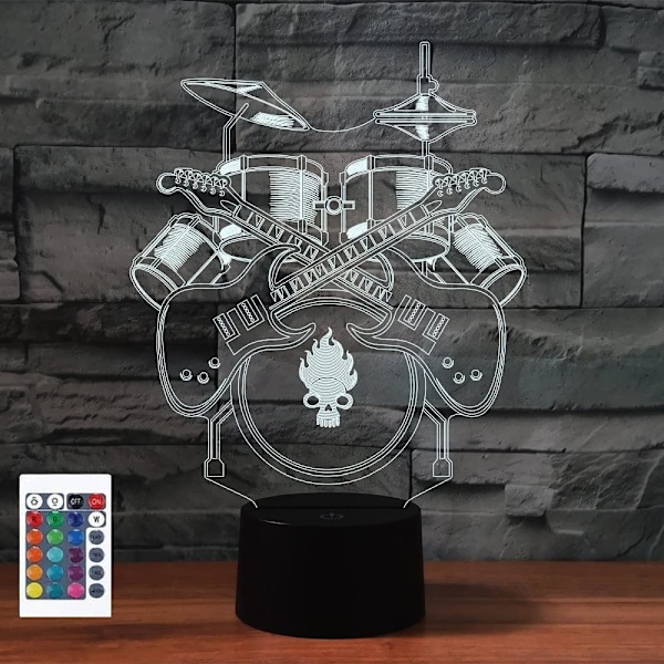 3D Trommesett Fjernkontroll 16 Farger Nattelysbilder Illusionsakryl LED Bord Nattbord Lampe Barn Soverom Skrivebord Dekor Bursdagsgaver Leke for Barn