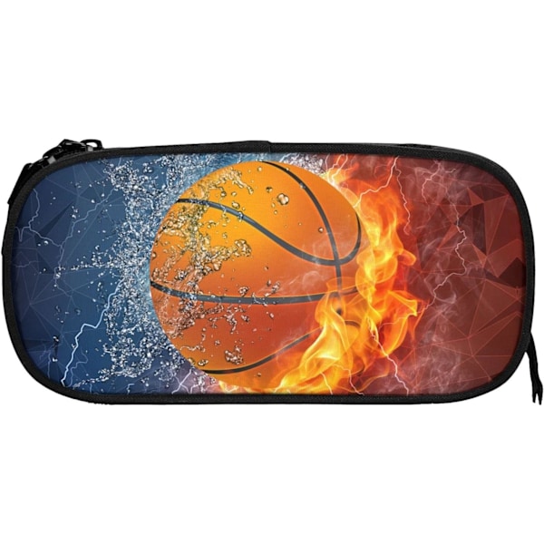 Sporttema Pennfodral med Fotboll för Pojkar Flickor, Stor Kapacitet Svart Pennpåse, Cool Pennväska med Dragkedja Bärbar Resa Basketball Water Fire
